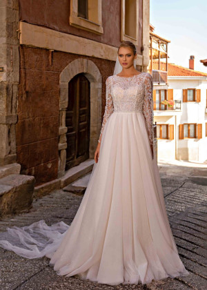 Long Sleeves Beaded Ivory Lace Tulle Dreamy Wedding Dress